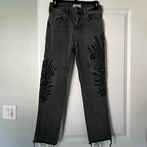 High rise fraught crop free people jeans with floral embroidery